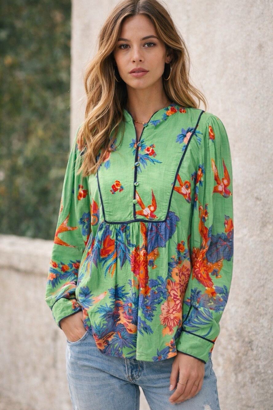 Anthropologie Green Bird Botanical Floral Blouse Whimsy Size XS Puff Sleeve EUC